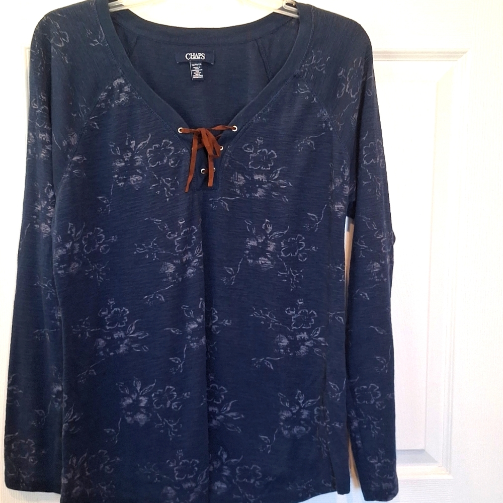 Chaps Women's Indigo Blue Floral V Neck Criss Cross Tie Top Size XL